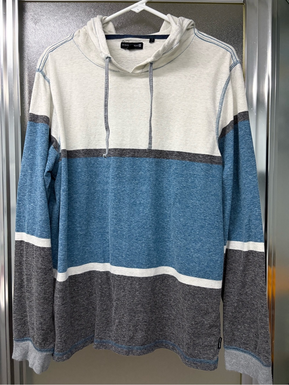 Ocean Current Men’s Blue, Gray & Cream Striped Hooded Pullover